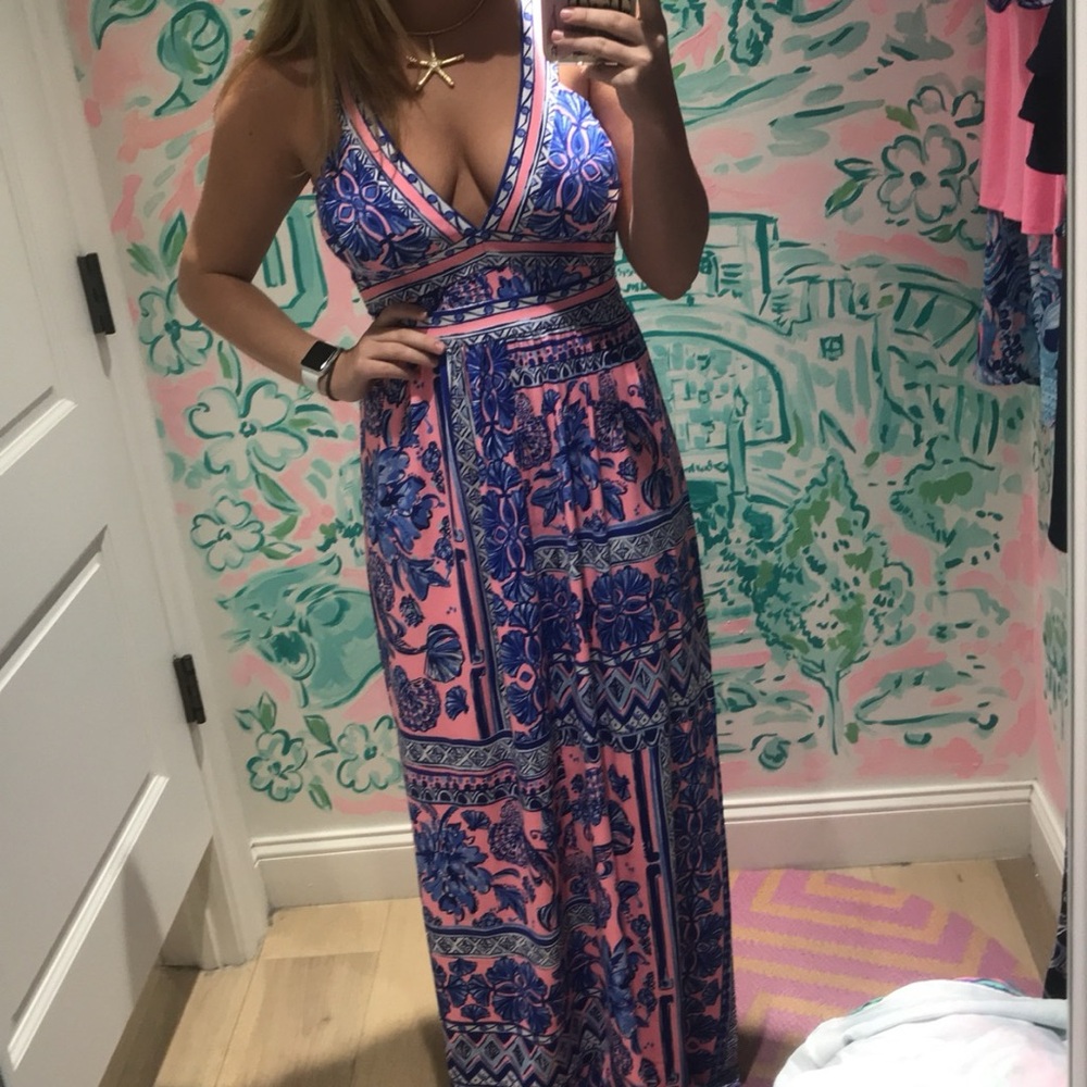 Lilly Pulitzer Pink and Blue Floral Taryn Maxi Dress